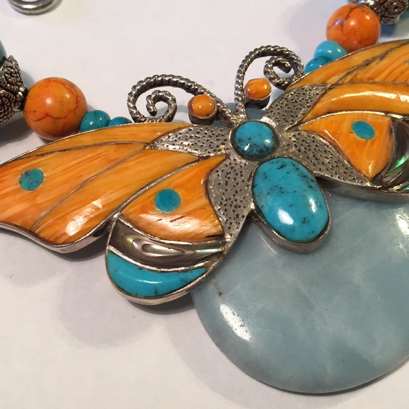 Beautiful handmade stone and shell inlayed butterfly necklace - Picture 5 of 7